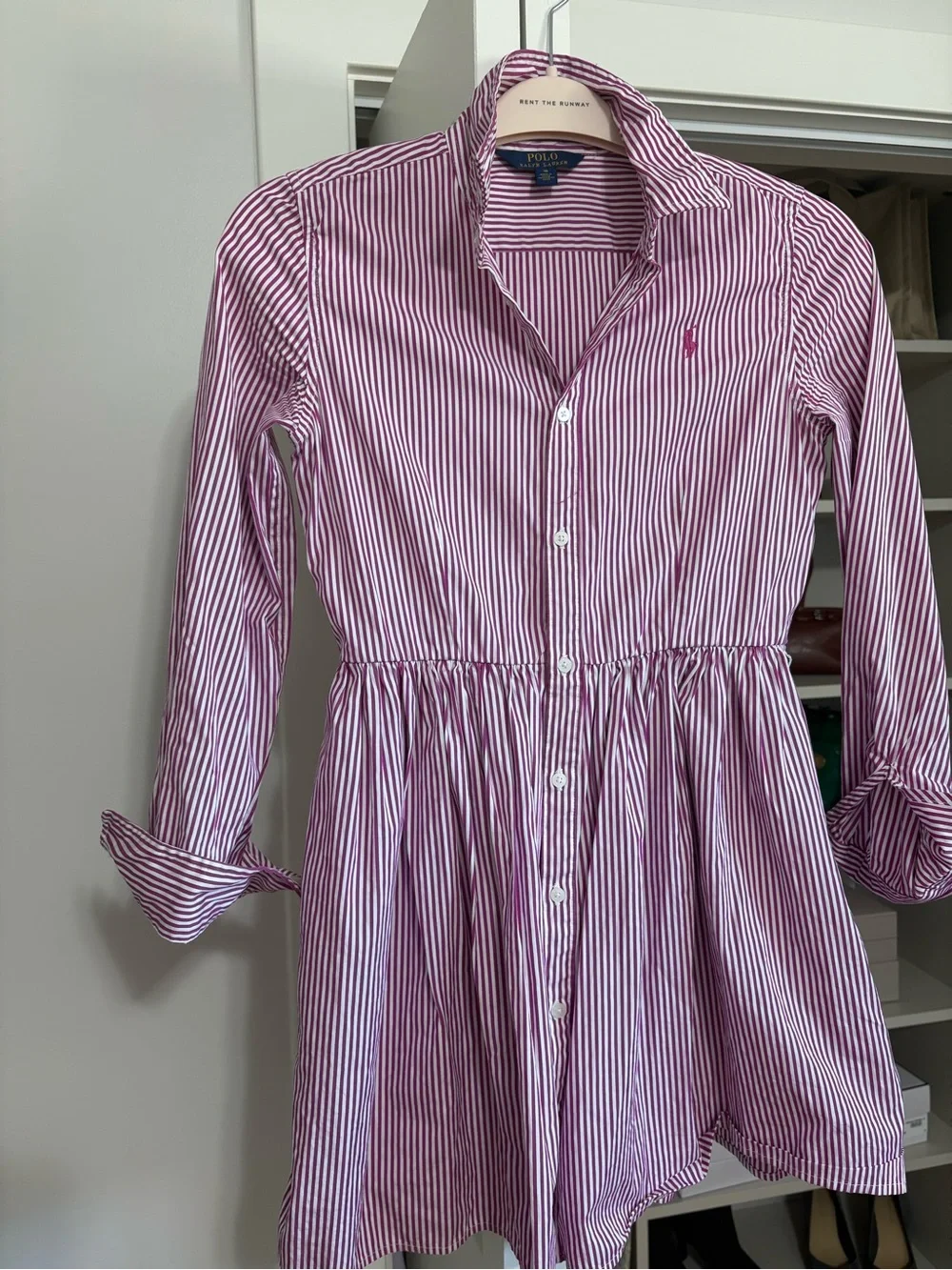 Ralph Lauren Pink and White Striped Cotton Shirt Dress for Kids - Girls size 16